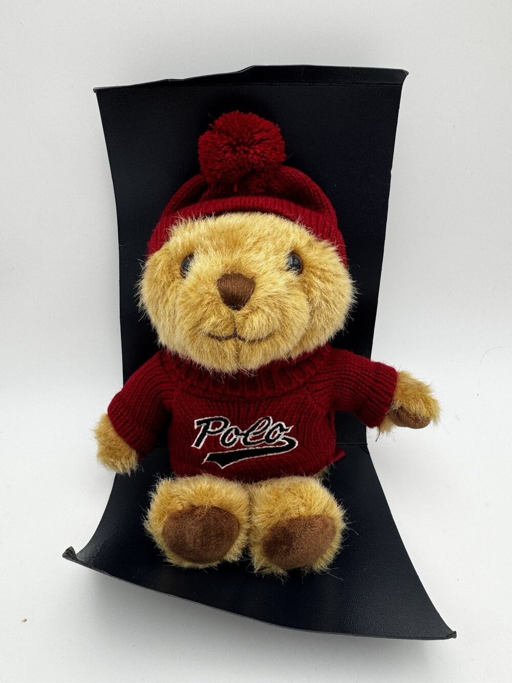 Teddy Bear Plush with Red Polo Sweater & Pom Pom Hat Display Stand